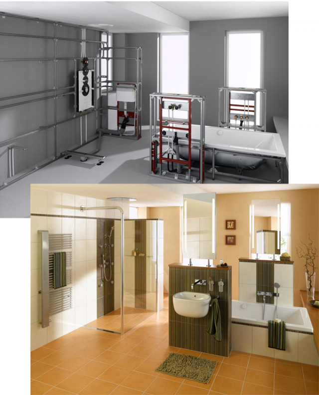 Zwei Bilder. Das obere zeigt ein Badezimmer ohne Verkleidungen, sodass die Anlagen und Rohre zu sehen sind. Das zweite Bild zeigt das fertig sanierte Badezimmer.